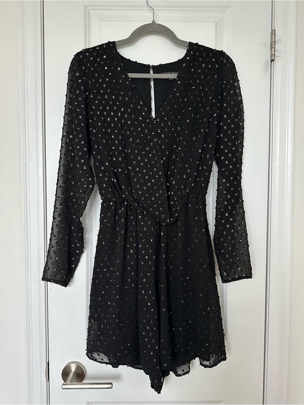 next Black Long-Sleeve V-Neck Romper with Metallic Dot Accents